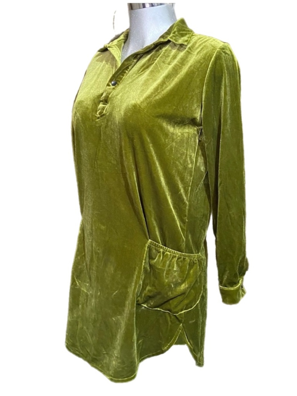 R Vivimos Moss Green Velvet Shirt Dress Small Long Sleeve Pockets Festival Loose